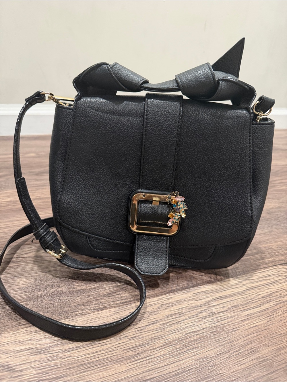 Gianni Bini Black Leather Crossbody with Jeweled Buckle